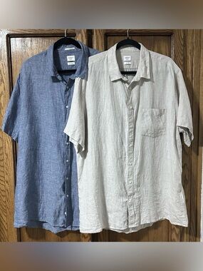 Celio Men's 2XL Bundle Of 2 100% Linen S/S Button Down Shirts Blue And Beige